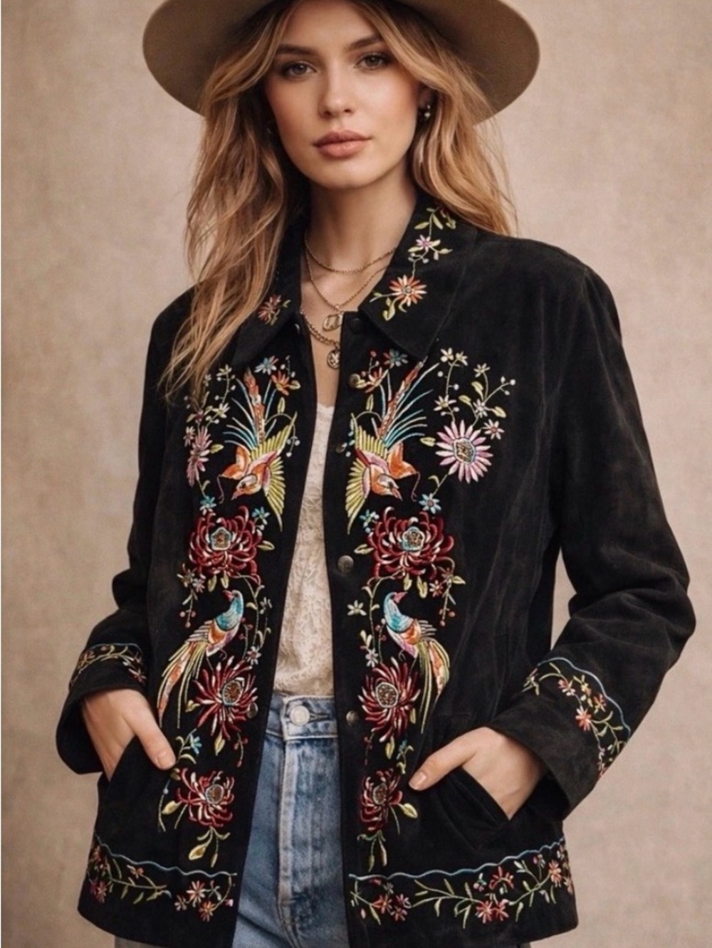 Embroidered Black Suede Jacket with Floral & Bird Motif